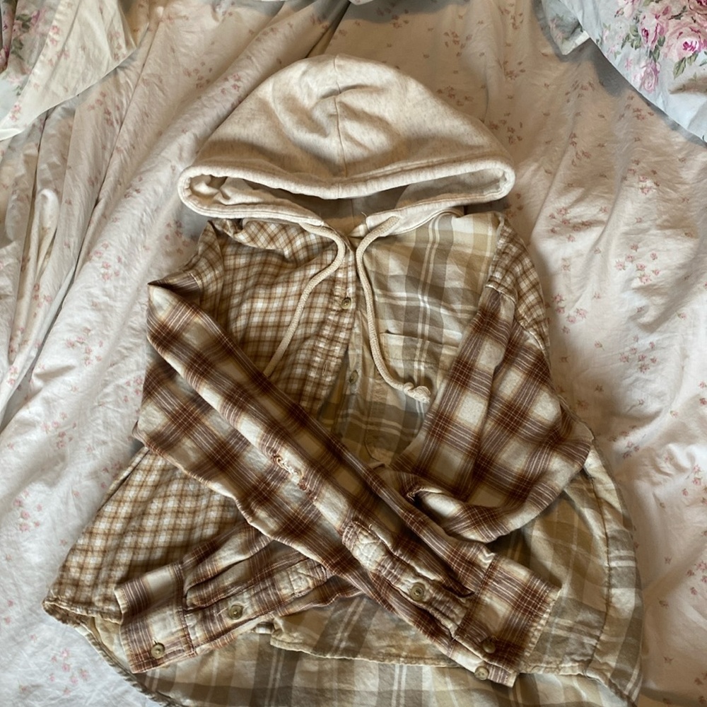 Color block plaid button up cropped hoodie